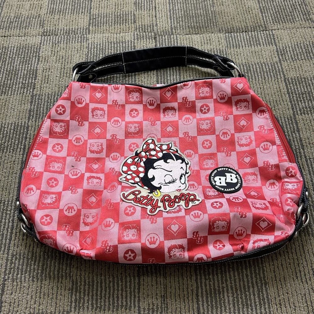Y2K Betty Boop Checkered Shoulder Bag Red Nylon Leather Accents